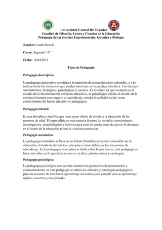 Universidad Central Del Ecuador
Facultad de Filosofía, Letras y Ciencias de la Educación
Pedagogía de las ciencias Experimentales, Química y Biología
Nombre: Luder Revelo
Curso: Segundo “A”
Fecha: 18/04/2019
Tipos de Pedagogía
Pedagogía descriptiva
La pedagogía descriptiva se refiere a la narración de acontecimientos culturales, o a la
indicación de los elementos que pueden intervenir en la práctica educativa. Los factores
son históricos, biológicos, psicológicos y sociales. Es histórico ya que su objeto es el
estudio de la discriminación del hecho educativo, es psicológico debido al estudio de la
conducta humana con respecto al aprendizaje, estudia la realidad social, como
condicionante del hecho educativo y pedagógico.
Pedagogía infantil
Es una disciplina científica que tiene como objeto de interés a la educación de los
menores de edad. El especialista en esta materia dispone de variados conocimientos
investigativos, metodológicos y teóricos para estar en condiciones de ejercer la docencia
en el sector de la educación primaria o incluso preescolar.
Pedagogía normativa
La pedagogía normativa se basa en un debate filosófico acerca de como debe ser la
educación, el modo de definir los conceptos y como deben ser las situaciones de
aprendizaje. En la pedagogía descriptiva se habla sobre lo que ocurre, esta pedagogía se
basa más sobre en lo que debería ocurrir, es decir, plantea metas y estrategias.
Pedagogía psicológica
La pedagogía psicológica nos permite estudiar los parámetros de pensamiento y
comportamiento, en esta pedagogía se utiliza los métodos y estrategias pedagógicos
para las acciones de enseñanza-aprendizaje necesarias para cumplir con un aprendizaje
optimo, concreto y disciplinado.
 