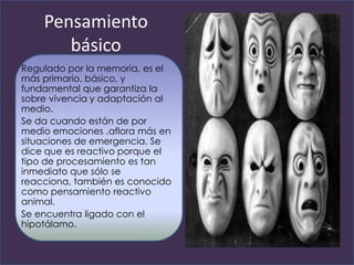 Pensamiento
       básico
Regulado por la memoria, es el
más primario, básico, y
fundamental que garantiza la
sobre vivencia y adaptación al
medio.
Se da cuando están de por
medio emociones ,aflora más en
situaciones de emergencia. Se
dice que es reactivo porque el
tipo de procesamiento es tan
inmediato que sólo se
reacciona, también es conocido
como pensamiento reactivo
animal.
Se encuentra ligado con el
hipotálamo.
 