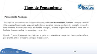 IVO
Tipos de Pensamiento.
Pensamiento Analógico
Este tipo de pensamiento es indispensable para casi todas las actividades humanas. Aunque a simple
vista parezca algo complejo, las personas tendemos a usar de manera constante las analogías en nuestra
vida cotidiana. Cuando pensamos de manera analógica, estamos organizando nuestras ideas con la
finalidad de poder realizar comparaciones entre ellas.
Ejemplo: “Los profesores que dan clases en la tarde, son parecidos a los que dan clases por la mañana,
por lo tanto, ambos profesores son igual de dedicados”.
 