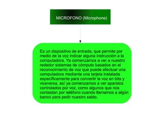 MICROFONO (Microphone)
Es un dispositivo de entrada, que permite por
medio de la voz indicar alguna instrucción a la
computadora. Ya comenzamos a ver a nuestro
rededor sistemas de cómputo basados en el
reconocimiento de voz que puede efectuar una
computadora mediante una tarjeta instalada
específicamente para convertir la voz en bits y
viceversa, así ya comenzamos a ver aparatos
controlados por voz, como algunos que nos
contestan por teléfono cuando llamamos a algún
banco para pedir nuestro saldo.
 
