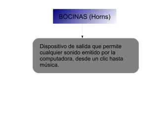 BOCINAS (Horns)
Dispositivo de salida que permite
cualquier sonido emitido por la
computadora, desde un clic hasta
música.
 