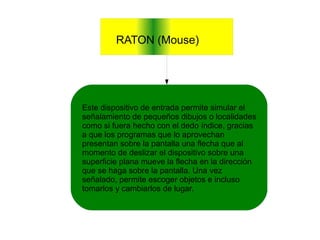 RATON (Mouse)
Este dispositivo de entrada permite simular el
señalamiento de pequeños dibujos o localidades
como si fuera hecho con el dedo índice, gracias
a que los programas que lo aprovechan
presentan sobre la pantalla una flecha que al
momento de deslizar el dispositivo sobre una
superficie plana mueve la flecha en la dirección
que se haga sobre la pantalla. Una vez
señalado, permite escoger objetos e incluso
tomarlos y cambiarlos de lugar.
 