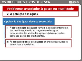 OS DIFERENTES TIPOS DE PESCA
2. A poluição das águas
Problemas associados à pesca na atualidade
A poluição das águas deve-se sobretudo:
c) À contaminação das águas fluviais e, consequentemente,
das marítimas, devido ao lançamento das águas
provenientes das atividades agropecuárias e agrícolas,
contendo pesticidas e fertilizantes.
d) Às águas residuais e dos esgotos oriundos das atividades
domésticas e hoteleiras.
 
