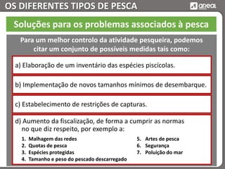 OS DIFERENTES TIPOS DE PESCA
Soluções para os problemas associados à pesca
Para um melhor controlo da atividade pesqueira, podemos
citar um conjunto de possíveis medidas tais como:
a) Elaboração de um inventário das espécies piscícolas.
b) Implementação de novos tamanhos mínimos de desembarque.
c) Estabelecimento de restrições de capturas.
d) Aumento da fiscalização, de forma a cumprir as normas
no que diz respeito, por exemplo a:
1. Malhagem das redes
2. Quotas de pesca
3. Espécies protegidas
4. Tamanho e peso do pescado descarregado
5. Artes de pesca
6. Segurança
7. Poluição do mar
 