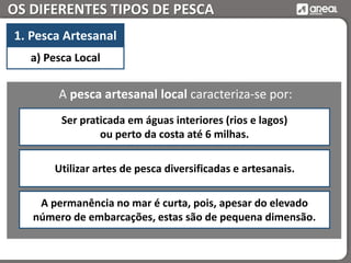 OS DIFERENTES TIPOS DE PESCA
a) Pesca Local
1. Pesca Artesanal
A pesca artesanal local caracteriza-se por:
Ser praticada em águas interiores (rios e lagos)
ou perto da costa até 6 milhas.
Utilizar artes de pesca diversificadas e artesanais.
A permanência no mar é curta, pois, apesar do elevado
número de embarcações, estas são de pequena dimensão.
 