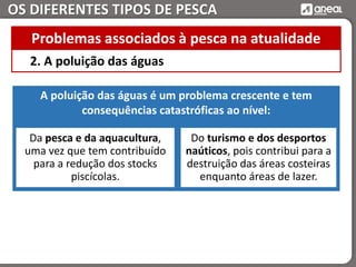 OS DIFERENTES TIPOS DE PESCA
A poluição das águas é um problema crescente e tem
consequências catastróficas ao nível:
Da pesca e da aquacultura,
uma vez que tem contribuído
para a redução dos stocks
piscícolas.
2. A poluição das águas
Problemas associados à pesca na atualidade
Do turismo e dos desportos
naúticos, pois contribui para a
destruição das áreas costeiras
enquanto áreas de lazer.
 