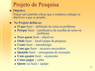 Projeto de Pesquisa
Objetivo
Traçar um caminho eficaz que o conduza a atingir os
objetivos a que se propõe.
No Projeto defini-se:
  O que fazer – definição do tema ou problema
  Porque fazer – justificativa da escolha do tema ou
                 problema
  Para quem fazer - objetivos
  Onde fazer – local/campo da pesquisa
  Como fazer – metodologia
  Com que fazer – recursos necessários
  Quando fazer – cronograma de execução
  Com quanto fazer – orçamento
  Como pagar - verba
  Quem vai fazer - equipe
                                                       32
 