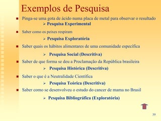 Exemplos de Pesquisa
Pinga-se uma gota de ácido numa placa de metal para observar o resultado
             Pesquisa Experimental
Saber como os peixes respiram
              Pesquisa Exploratória
Saber quais os hábitos alimentares de uma comunidade específica
               Pesquisa Social (Descritiva)
Saber de que forma se deu a Proclamação da República brasileira
               Pesquisa Histórica (Descritiva)
Saber o que é a Neutralidade Científica
               Pesquisa Teórica (Descritiva)
Saber como se desenvolveu o estudo do cancer de mama no Brasil
               Pesquisa Bibliográfica (Exploratória)


                                                                      39
 