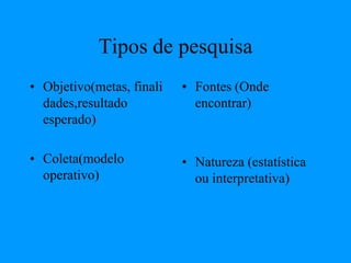 Tipos de pesquisa
• Objetivo(metas, finali
dades,resultado
esperado)
• Coleta(modelo
operativo)
• Fontes (Onde
encontrar)
• Natureza (estatística
ou interpretativa)
 