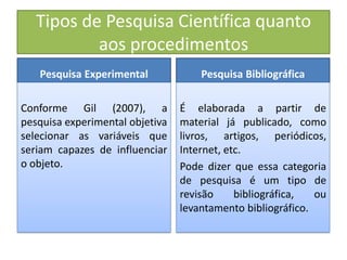 Tipos de Pesquisa Científica quanto
aos procedimentos
Pesquisa Experimental
Conforme Gil (2007), a
pesquisa experimental objetiva
selecionar as variáveis que
seriam capazes de influenciar
o objeto.
Pesquisa Bibliográfica
É elaborada a partir de
material já publicado, como
livros, artigos, periódicos,
Internet, etc.
Pode dizer que essa categoria
de pesquisa é um tipo de
revisão bibliográfica, ou
levantamento bibliográfico.
 