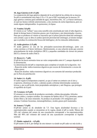 BIOQUIMICA Página 4
10. Jugo Gástrico (1.0-1.5 pH)
La composición del jugo gástrico depende de la actividad de las células de su mucosa.
Su pH es normalmente muy bajo (1.0 a 1.5), por el HCl secretado por la mucosa .El
jugo gástrico contiene gran cantidad de agua, electrólitos (Na+
, K+
), el factor intrínseco,
al cual nos hemos referido anteriormente, y dos enzimas de cierta importancia, pero en
modo alguno indispensables: la quimosina y la lipasa
11. Vomito( 3,8 pH)
El vómito es un “reflejo” cuya zona sensible está constituida por todo el tubo digestivo,
desde la faringe hasta el intestino grueso, por el peritoneo y por determinadas vísceras.
Para que se produzca el vómito es necesario que el píloro (porción distal del estómago)
esté cerrado y que se abra el cardias (porción proximal del estómago), al mismo tiempo
que se produce la contracción brusca del diafragma y de los músculos abdominales.
12. Acido gástrico: (1.5 pH)
El ácido gástrico es una de las principales secreciones del estómago, junto con
varias enzimas y el factor intrínseco. Químicamente, es una solución ácida que consiste
principalmente de ácido clorhídrico (HCl) y pequeñas cantidades de cloruro de potasio
(KCl) y cloruro de sodio (NaCl).
13. Heces:( 6 - 7 pH)
El pH de las heces normales tiene un valor comprendido entre 6-7, aunque depende de
la alimentación.
La determinación del pH es importante para completar el estudio de la digestión. Así:
- Reacción ácida: indica trastornos digestivos por exceso de fermentación o exceso de
ácidos grasos
- Reacción alcalina: indica trastornos digestivos con aumento del amoníaco producido
por la flora de putrefacción
14. Sudor ( 6 - 8 pH)
El sudor regula la temperatura corporal, ya que el entrar en contacto con el aire y
evaporarse, disminuye el calor, y además ayuda a eliminar determinadas sustancias
tóxicas y, por su pH ácido, tiene propiedades antisépticas y anti fúngicas, que protegen
el equilibrio de la piel.
15. Cerumen: (4-5 pH)
El cerumen es una mezcla de productos secretados, células descamadas, folículos
pilosos caídos y cuerpos extraños. Se compone de lípidos (46 al 73%), proteínas, amino
ácidos libres y de iones minerales. Se produce en promedio 2.81 miligramos por
semana. Contiene lisosomas, inmunoglobulinas y ácidos grasos poli insaturados.
16. Semen:( 7.5 pH)
El pH del semen es de alrededor de 7,5. Esta ligera alcalinidad favorece a los
espermatozoides cuando se encuentran en la vagina, donde el pH es ácido. Menos del
10% del volumen del semen de una eyaculación corresponde a los espermatozoides.
Más del 90% del volumen del semen de una eyaculación corresponde al líquido
seminal.
17. Fluido vaginal (4. – 4,9 pH)
El pH neutro es de 6, por debajo de este número va siendo un pH cada vez más ácido y
 