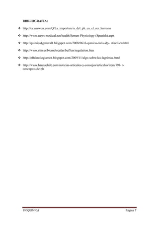 BIOQUIMICA Página 7
BIBLIOGRAFIA:
 http://es.answers.com/Q/La_importancia_del_ph_en_el_ser_humano
 http://www.news-medical.net/health/Semen-Physiology-(Spanish).aspx
 http://quimica1general1.blogspot.com/2008/06/el-qumico-dans-slp- stirensen.html
 http://www.ehu.es/biomoleculas/buffers/regulation.htm
 http://oftalmologiamex.blogspot.com/2009/11/algo-sobre-las-lagrimas.html
 http://www.hannachile.com/noticias-articulos-y-consejos/articulos/item/198-1-
conceptos-de-ph
 