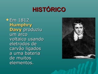 HISTÓRICOHISTÓRICO
 Em 1812Em 1812
HumphryHumphry
DavyDavy produziuproduziu
um arcoum arco
voltaíco usandovoltaíco usando
eletrodos deeletrodos de
carvão ligadoscarvão ligados
a uma bateriaa uma bateria
de muitosde muitos
elementos.elementos.
 