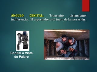 Cenital o Vista
de Pájaro
ÁNGULO CENITAL:
ÁNGULO CENITAL: Transmite aislamiento,
Transmite aislamiento,
indiferencia... El espectador está fuera de la narración.
indiferencia... El espectador está fuera de la narración.
 