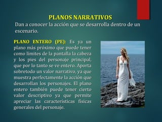 PLANOS NARRATIVOS
PLANOS NARRATIVOS
Dan a conocer la acción que se desarrolla dentro de un
Dan a conocer la acción que se desarrolla dentro de un
escenario.
escenario.
PLANO ENTERO (PE):
PLANO ENTERO (PE): Es ya un
Es ya un
plano más próximo que puede tener
plano más próximo que puede tener
como límites de la pantalla la cabeza
como límites de la pantalla la cabeza
y los pies del personaje principal,
y los pies del personaje principal,
que por lo tanto se ve entero. Aporta
que por lo tanto se ve entero. Aporta
sobretodo un valor narrativo, ya que
sobretodo un valor narrativo, ya que
muestra perfectamente la acción que
muestra perfectamente la acción que
desarrollan los personajes. El plano
desarrollan los personajes. El plano
entero también puede tener cierto
entero también puede tener cierto
valor descriptivo ya que permite
valor descriptivo ya que permite
apreciar las características físicas
apreciar las características físicas
generales del personaje.
generales del personaje.
 