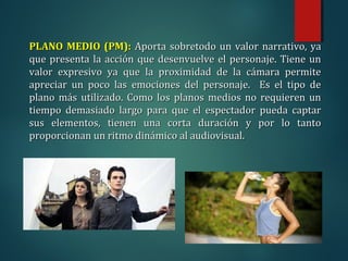 PLANO MEDIO (PM):
PLANO MEDIO (PM): Aporta sobretodo un valor narrativo, ya
Aporta sobretodo un valor narrativo, ya
que presenta la acción que desenvuelve el personaje. Tiene un
que presenta la acción que desenvuelve el personaje. Tiene un
valor expresivo ya que la proximidad de la cámara permite
valor expresivo ya que la proximidad de la cámara permite
apreciar un poco las emociones del personaje. Es el tipo de
apreciar un poco las emociones del personaje. Es el tipo de
plano más utilizado. Como los planos medios no requieren un
plano más utilizado. Como los planos medios no requieren un
tiempo demasiado largo para que el espectador pueda captar
tiempo demasiado largo para que el espectador pueda captar
sus elementos, tienen una corta duración y por lo tanto
sus elementos, tienen una corta duración y por lo tanto
proporcionan un ritmo dinámico al audiovisual.
proporcionan un ritmo dinámico al audiovisual.
 