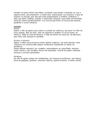 instalam na parte inferior das folhas, enrolando suas bordas e deixando-as com o
aspecto vítreo, até amarelarem e caírem.Uma pulverização com produtos a base de
enxofre é a solução, pois eles têm ação antiparasitária e também combatem, o
oídio que afeta: azaléias, resedás e calanchôes, deixando suas folhas acinzentadas
antes de caírem prematuramente e os cancros que ferem os troncos das roseiras,
gardênias e outros arbustos.
INVERNO
Grama
Espere o mês de agosto para colocar a camada de cobertura, que deve Ter 40% de
terra vegetal, 30% de areia, 30% de substrato e também 01 kg de húmus de
minhoca, 200g de torta de mamona e 100g de farinha de ossos por m2.Aproveite
para fazer uma aeração no gramado.
Árvores e arbustos
Galhos e folhas secas fornecem ótima matéria orgânica, use esses detritos como
cobertura nos canteiros.Não aplique fertilizantes respeitando os meses de
dormência.
Muitas plantas hibernam por completo, especialmente as caducifólias, portanto
ramos inúteis e mal formados devem ser suprimidos através de podas, utilizando
tesouras e serrotes apropriados.
Floriferas
No mês de agosto podem ser multiplicados por estacas as hortênsias, set e léguas,
bicos de papagaio, gerânios, dracenas, hibiscos, jasmim-amarelo e muitas outras.
 
