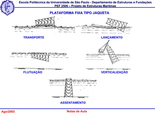 Escola Politécnica da Universidade de São Paulo - Departamento de Estruturas e Fundações
                                   PEF 2506 – Projeto de Estruturas Marítmas

                               PLATAFORMA FIXA TIPO JAQUETA




             TRANSPORTE                                          LANÇAMENTO




             FLUTUAÇÃO                                           VERTICALIZAÇÃO




                                      ASSENTAMENTO

Ago/2003                                  Notas de Aula
 