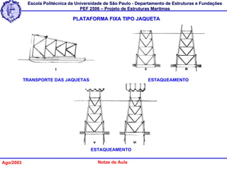 Escola Politécnica da Universidade de São Paulo - Departamento de Estruturas e Fundações
                                    PEF 2506 – Projeto de Estruturas Marítmas

                                PLATAFORMA FIXA TIPO JAQUETA




           TRANSPORTE DAS JAQUETAS                                ESTAQUEAMENTO




                                        ESTAQUEAMENTO

Ago/2003                                   Notas de Aula
 