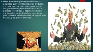  Poder económico: permite la detección de la
propiedad que tienen los medios de producción
y la capacidad que estos poseen para obtener
una ganancia que permite la influencia en los
procesos económicos. El poder económico es
manifestado a través de distintas expresiones,
principalmente las corporaciones de seguros y de
finanzas, y las grandes empresas.
 