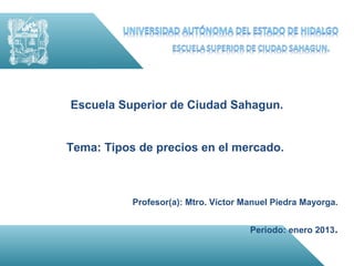 Escuela Superior de Ciudad Sahagun.


Tema: Tipos de precios en el mercado.



           Profesor(a): Mtro. Víctor Manuel Piedra Mayorga.


                                      Periodo: enero 2013.
 