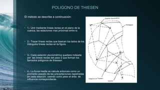 POLIGONO DE THIESEN
El método se describe a continuación:
• 1.- Unir mediante líneas rectas en el plano de la
cuenca, las estaciones mas próximas entre si.
• 2.- Trazar líneas rectas que bisecan los lados de los
triángulos líneas rectas en la figura.
• 3.- Cada estación pluviométrica quedara rodeada
por las líneas rectas del paso 2 que forman los
llamados polígonos de thiessen.
• 4.- La lluvia media se calcula entonces como un
promedio pesado de las precipitaciones registradas
en cada estación, usando como peso el área de
influencia correspondiente.
 