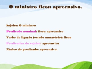 O ministro ficou apreensivo.

Sujeito: O ministro
Predicado nominal: ficou apreensivo
Verbo de ligação (estado mutatório): ficou
Predicativo do sujeito: apreensivo
Núcleo do predicado: apreensivo.

 