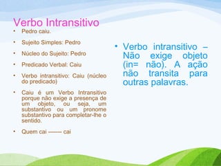 Verbo Intransitivo
•

Pedro caiu.

•

Sujeito Simples: Pedro

•

Núcleo do Sujeito: Pedro

•

Predicado Verbal: Caiu

•

Verbo intransitivo: Caiu (núcleo
do predicado)

•

Caiu é um Verbo Intransitivo
porque não exige a presença de
um objeto, ou seja, um
substantivo ou um pronome
substantivo para completar-lhe o
sentido.

•

Quem cai ------- cai

• Verbo intransitivo –
Não exige objeto
(in= não). A ação
não transita para
outras palavras.

 
