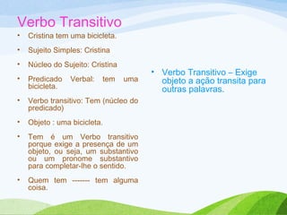 Verbo Transitivo
•

Cristina tem uma bicicleta.

•

Sujeito Simples: Cristina

•

Núcleo do Sujeito: Cristina

•

Predicado
bicicleta.

•

Verbo transitivo: Tem (núcleo do
predicado)

•

Objeto : uma bicicleta.

•

Tem é um Verbo transitivo
porque exige a presença de um
objeto, ou seja, um substantivo
ou um pronome substantivo
para completar-lhe o sentido.

•

Quem tem ------- tem alguma
coisa.

Verbal:

tem

uma

• Verbo Transitivo – Exige
objeto a ação transita para
outras palavras.

 