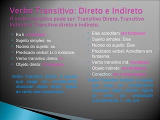  Eu li o romance.
 Sujeito simples: eu
 Núcleo do sujeito: eu
 Predicado verbal: Li o romance.
 Verbo transitivo direto: Li
 Objeto direto: O romance.
Verbo Transitivo Direto: é aquele
que exige um complemento
chamado objeto direto, ligado
ao verbo sem preposição.
 Eles acreditam em fantasma.
 Sujeito simples: Eles
 Núcleo do sujeito: Eles
 Predicado verbal: Acreditam em
fantasma.
 Verbo transitivo ind. Acreditam
 Objeto indireto: em fantasma.
 Conectivo: em (=preposição)
Verbo Transitivo Indireto: é aquele
que exige um complemento
chamado objeto indireto, ligado
ao verbo por preposição
(normalmente, a , de, em.
 