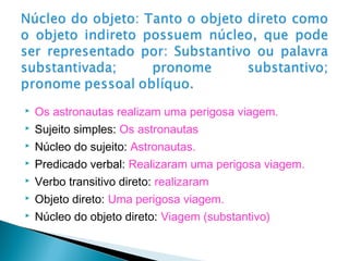  Os astronautas realizam uma perigosa viagem.
 Sujeito simples: Os astronautas
 Núcleo do sujeito: Astronautas.
 Predicado verbal: Realizaram uma perigosa viagem.
 Verbo transitivo direto: realizaram
 Objeto direto: Uma perigosa viagem.
 Núcleo do objeto direto: Viagem (substantivo)
 