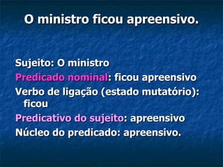 O ministro ficou apreensivo. Sujeito: O ministro Predicado nominal : ficou apreensivo Verbo de ligação (estado mutatório): ficou Predicativo do sujeito : apreensivo Núcleo do predicado: apreensivo. 