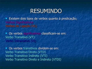 RESUMINDO Existem dois tipos de verbos quanto à predicação; Verbos Significativos  Verbos de Ligação (VL) Os verbos  significativos  classificam-se em: Verbo Transitivo (VT)  Verbo Intransitivo (VI) Os verbos  transitivos  dividem-se em: Verbo Transitivo Direto (VTD) Verbo Transitivo Indireto (VTI) Verbo Transitivo Direto e Indireto (VTDI) 
