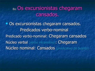 Ex:  Os excursionistas chegaram cansados. Os excursionistas chegaram cansados.  Predicados verbo-nominal Predicado verbo-nominal : Chegaram cansados Núcleo verbal  (verbo intransitivo) :  Chegaram Núcleo nominal: Cansados  (predicativo do Sujeito) 