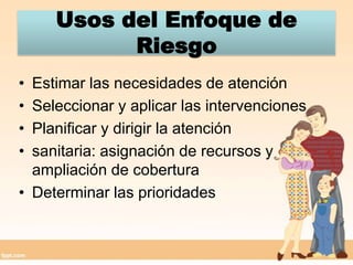 Usos del Enfoque de RiesgoEstimar las necesidades de atenciónSeleccionar y aplicar las intervencionesPlanificar y dirigir la atención sanitaria: asignación de recursos y ampliación de coberturaDeterminar las prioridades
