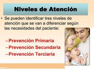 Niveles de AtenciónSe pueden identificar tres niveles de atención que se van a diferenciar según las necesidades del paciente:Prevención PrimariaPrevención SecundariaPrevención Terciaria