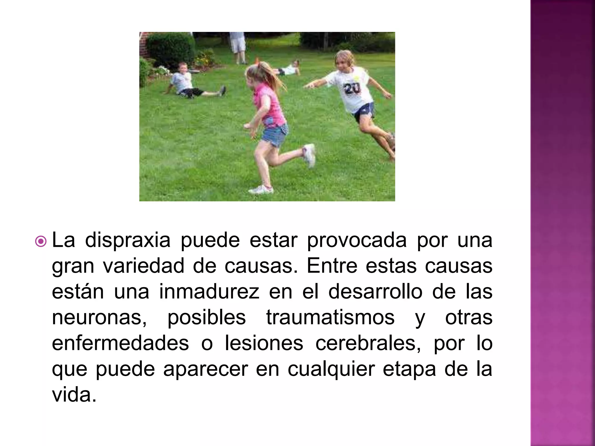  La dispraxia puede estar provocada por una
gran variedad de causas. Entre estas causas
están una inmadurez en el desarrollo de las
neuronas, posibles traumatismos y otras
enfermedades o lesiones cerebrales, por lo
que puede aparecer en cualquier etapa de la
vida.
 