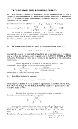         TIPOS DE PROBLEMAS EQUILIBRIO QUÍMICO<br />1.-       Calcular las constantes de equilibrio en función de la concentración y de la presión para la reacción entre hidrógeno y nitrógeno en equilibrio a la temperatura de 25 ºC, a concentraciones de nitrógeno 1,03 mol/litro, hidrógeno 1,62 mol/litro y de amoníaco 0,102 mol/litro.<br />Principio del formulario<br />Final del formulario<br /> <br />2.-       En una experiencia realizada a 490 ºC, para el estudio de la reacción:<br />se encontró que, una vez alcanzado el equilibrio, las concentraciones de hidrógeno, iodo y yoduro de hidrógeno eran respectivamente 0,000862; 0,00263 y 0,0102 moles/litro. Calcúlese el valor de la constante de equilibrio a  la temperatura mencionada.<br />Principio del formulario<br />Final del formulario<br /> 3.-      Considere la siguiente reacción:<br />a la temperatura de 600 ºC. En el estado de equilibrio se encuentran 2,5 mol de H2, 1,35 x 10-5 mol de S2 y 8,7 mol de H2S. Determine Kcsabiendo que el volumen del recipiente es de 12 litros. <br />Principio del formulario<br />Final del formulario<br />Principio del formulario<br />Final del formulario<br />4.-       Para la siguiente reacción en equilibrio a la temperatura de 50 ºC:<br />El valor de Kc = 0,25, determínese el valor de Kp. <br />Principio del formulario<br />Final del formulario<br /> <br />5.-       En un reactor de 1,0 litro de capacidad se colocan 4,0 mol de hidrógeno y 4,0 de yodo a una temperatura de 490 ºC, produciéndose la reacción que se indica. Determine la concentración de todas las especies cuando el sistema alcanza el estado de equilibrio. Kc = 46.<br />Principio del formulario<br />Final del formulario<br />Principio del formulario<br />Final del formulario<br />