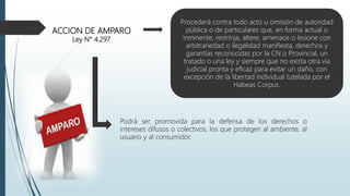 ACCION DE AMPARO
Ley N° 4.297
Procederá contra todo acto u omisión de autoridad
pública o de particulares que, en forma actual o
inminente, restrinja, altere, amenace o lesione con
arbitrariedad o ilegalidad manifiesta, derechos y
garantías reconocidas por la CN o Provincial, un
tratado o una ley y siempre que no exista otra vía
judicial pronta y eficaz para evitar un daño, con
excepción de la libertad individual tutelada por el
Habeas Corpus.
Podrá ser promovida para la defensa de los derechos o
intereses difusos o colectivos, los que protegen al ambiente, al
usuario y al consumidor.
 