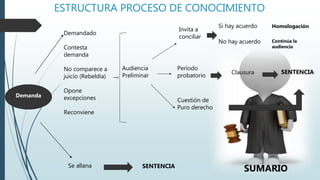 ESTRUCTURA PROCESO DE CONOCIMIENTO
Demanda
Demandado
Contesta
demanda
No comparece a
juicio (Rebeldía)
Opone
excepciones
Reconviene
Se allana SENTENCIA
Audiencia
Preliminar
Invita a
conciliar
Período
probatorio
Cuestión de
Puro derecho
Si hay acuerdo
No hay acuerdo
Clausura SENTENCIA
Homologación
Continúa la
audiencia
SUMARIO
 