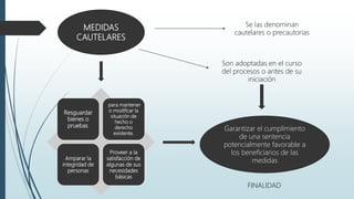 MEDIDAS
CAUTELARES
Se las denominan
cautelares o precautorias
Son adoptadas en el curso
del procesos o antes de su
iniciación
Resguardar
bienes o
pruebas.
para mantener
o modificar la
situación de
hecho o
derecho
existente.
Amparar la
integridad de
personas
Proveer a la
satisfacción de
algunas de sus
necesidades
básicas
Garantizar el cumplimiento
de una sentencia
potencialmente favorable a
los beneficiarios de las
medidas
FINALIDAD
 