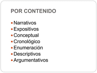 POR CONTENIDO
Narrativos
Expositivos
Conceptual
Cronológico
Enumeración
Descriptivos
Argumentativos
 