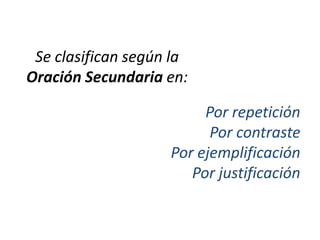 Se clasifican según la
Oración Secundaria en:

                         Por repetición
                          Por contraste
                    Por ejemplificación
                       Por justificación
 