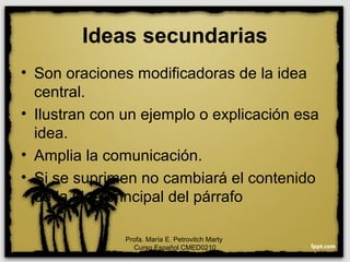 Ideas secundarias
• Son oraciones modificadoras de la idea
central.
• Ilustran con un ejemplo o explicación esa
idea.
• Amplia la comunicación.
• Si se suprimen no cambiará el contenido
de la idea principal del párrafo
Profa. María E. Petrovitch Marty
Curso Español CMED0210
 