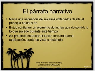 El párrafo narrativo
• Narra una secuencia de sucesos ordenados desde el
principio hasta el fin.
• Estas contienen un elemento de intriga que de sentido a
lo que sucede durante este tiempo.
• Se pretende interesar al lector con una buena
explicación, punto de vista o historieta
Profa. María E. Petrovitch Marty
Curso Español CMED0210
 
