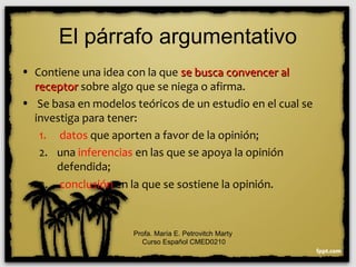 El párrafo argumentativo
• Contiene una idea con la que se busca convencer alse busca convencer al
receptorreceptor sobre algo que se niega o afirma.
• Se basa en modelos teóricos de un estudio en el cual se
investiga para tener:
1. datos que aporten a favor de la opinión;
2. una inferencias en las que se apoya la opinión
defendida;
3. conclusión en la que se sostiene la opinión.
Profa. María E. Petrovitch Marty
Curso Español CMED0210
 