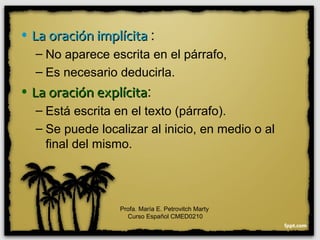 • La oración implícitaLa oración implícita :
– No aparece escrita en el párrafo,
– Es necesario deducirla.
• La oración explícitaLa oración explícita:
– Está escrita en el texto (párrafo).
– Se puede localizar al inicio, en medio o al
final del mismo.
Profa. María E. Petrovitch Marty
Curso Español CMED0210
 