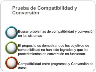 Prueba de Compatibilidad y
Conversión


  Buscar problemas de compatibilidad y conversión
  en los sistemas

  El propós...