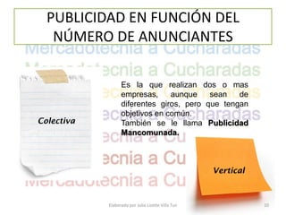 PUBLICIDAD EN FUNCIÓN DEL
   NÚMERO DE ANUNCIANTES

                  Es la que realizan dos o mas
                  empresas,     aunque    sean   de
                  diferentes giros, pero que tengan
                  objetivos en común.
Colectiva         También se le llama Publicidad
                  Mancomunada.



                                                    Vertical



            Elaborado por Julia Lizette Villa Tun              10
 