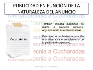 PUBLICIDAD EN FUNCIÓN DE LA
  NATURALEZA DEL ANUNCIO

                         También llamada publicidad de
                         marca   o   producto    concreto,
                         argumentando sus características.

                         Este tipo de publicidad es también
De producto              una alternativa o complemento de
                         la publicidad corporativa.




              Elaborado por Julia Lizette Villa Tun           12
 